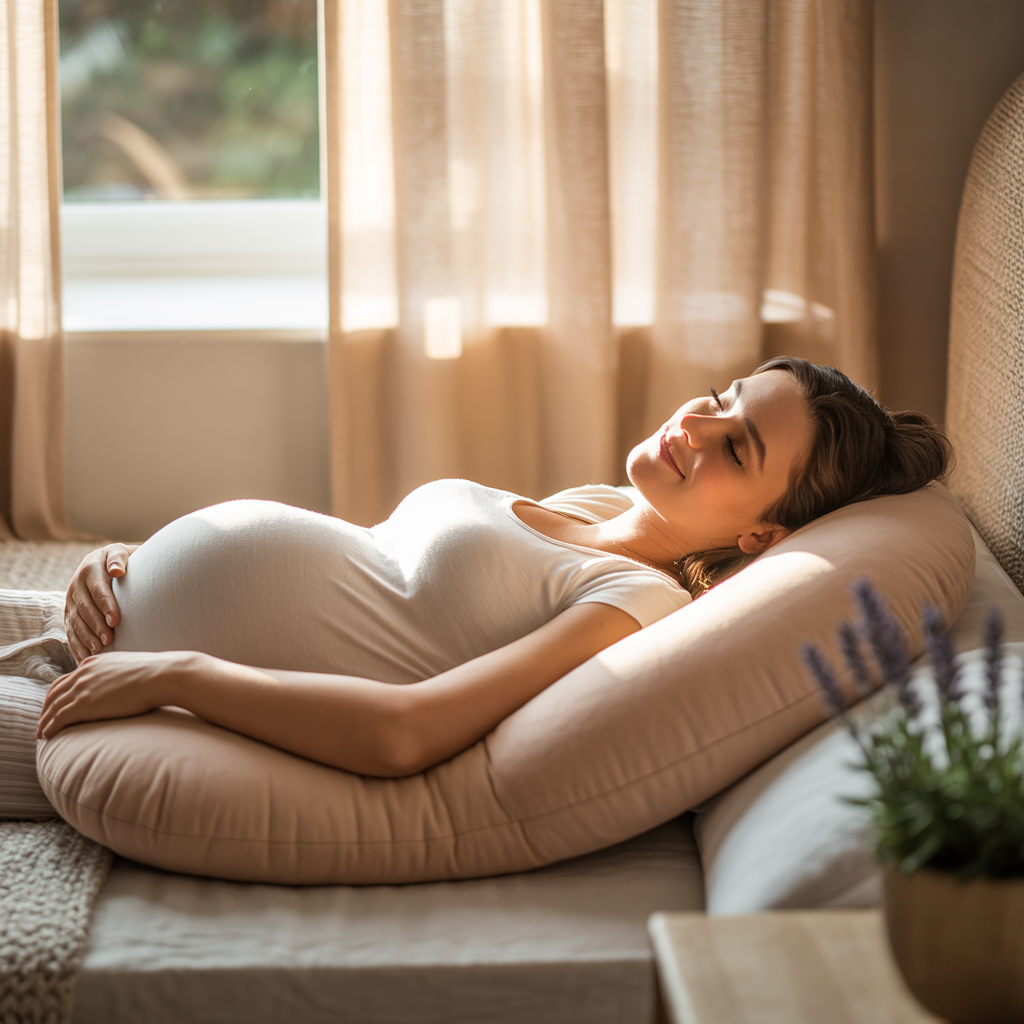 Pregnant woman sleeping comfortably with a pregnancy pillow